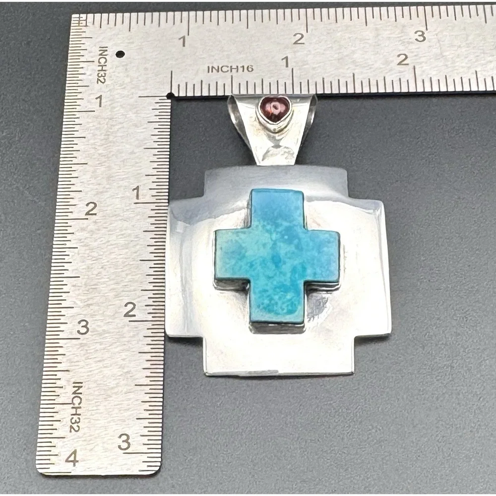 Nakai Sterling Silver Turquoise Cross Pendant Brooch Garnet Heart Signed 22.4g